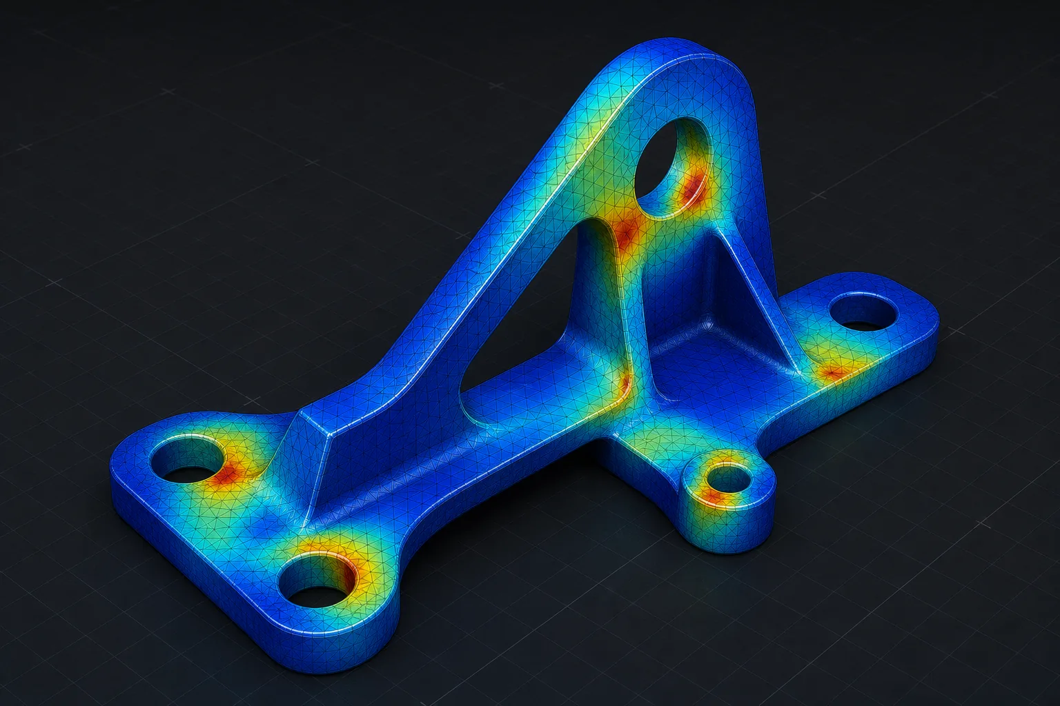 FEM stress contour on a mechanical mounting bracket